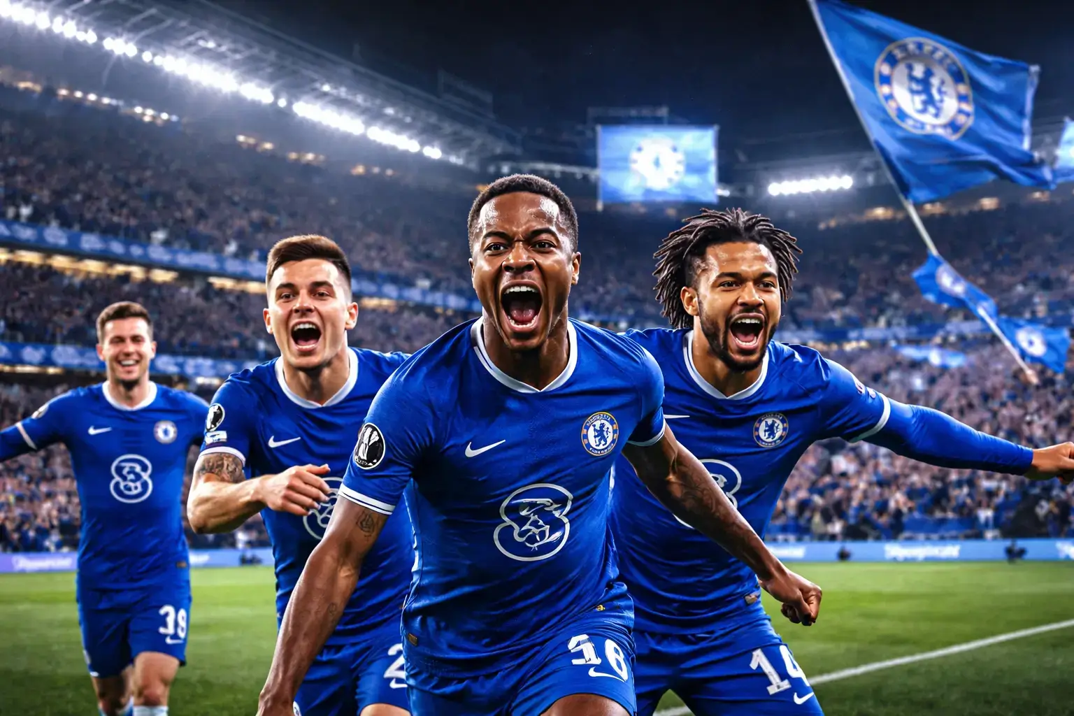 Chelsea FC celebrates at Stamford Bridge