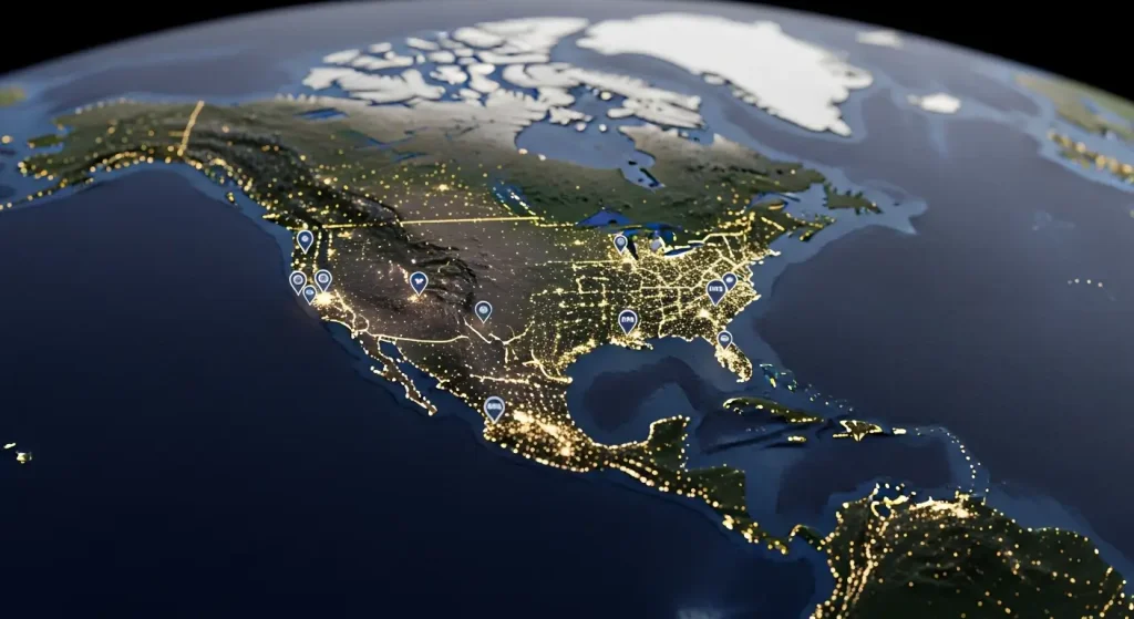 Map of World Cup 2026 host cities across USA, Mexico, and Canada.