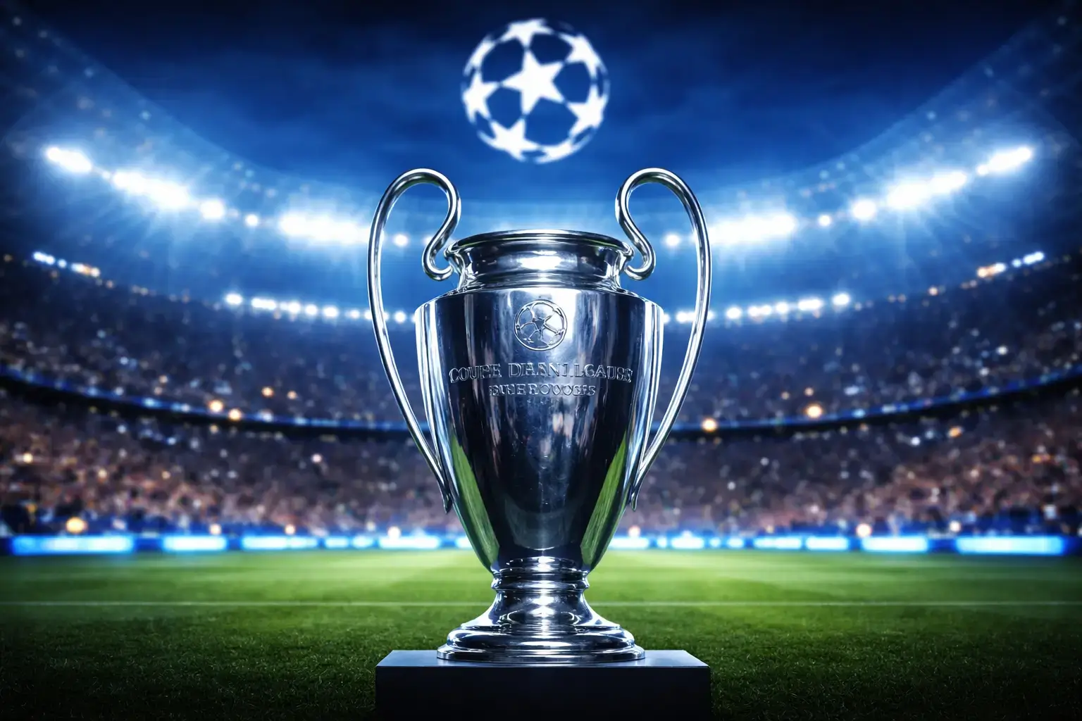 Champions League 2026 Knockout Phase trophy at night stadium