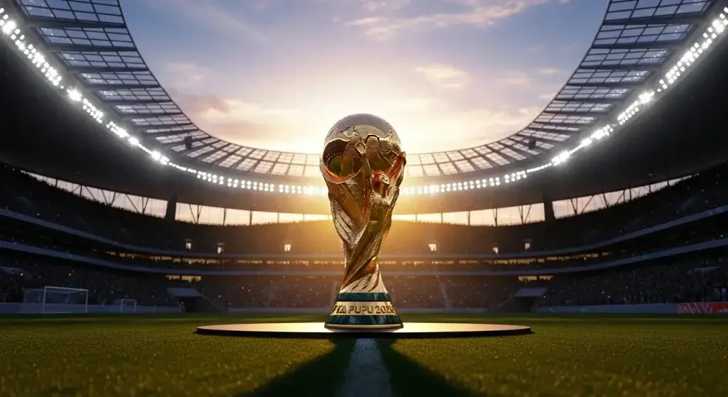 The FIFA World Cup 2026 trophy standing in a massive stadium during sunset.