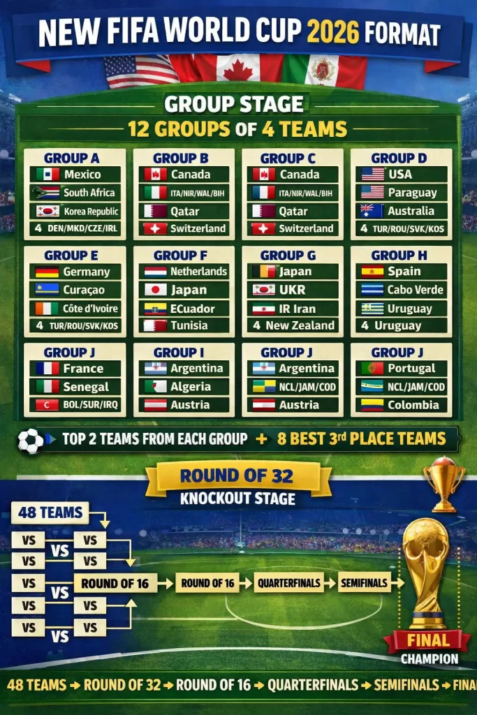 Infographic explaining the new FIFA World Cup 2026 tournament format: 12 groups of 4 teams leading to a Round of 32 knockout stage.