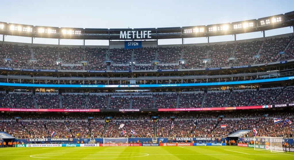 Aerial view of MetLife Stadium, site of the FIFA World Cup 2026 Final, showcasing the massive capacity and modern architecture